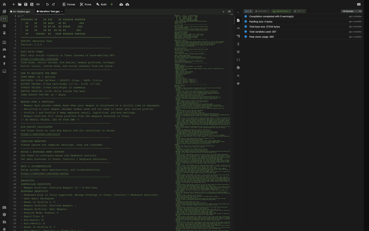 A Tunez script compiled successfully in the Zen Studio Live Editor