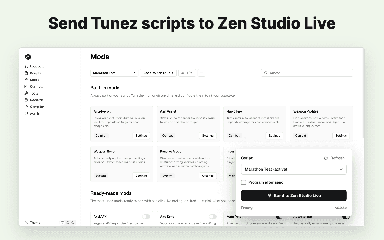 Tunez Companion sending a saved script to Zen Studio Live